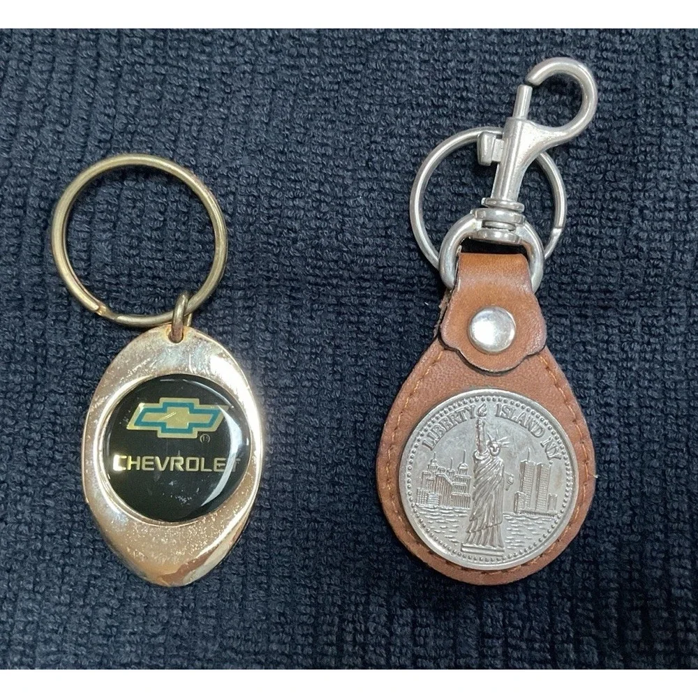 Vintage Lot Of 2 Keychains * Solid Brass Chevrolet W/Emblem & Liberty Island, NY